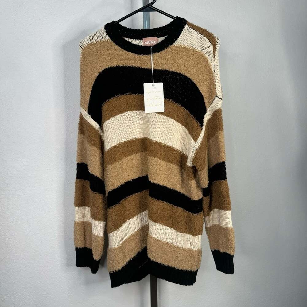 Show Me Your Mumu Timothy Tunic Sweater S Neutral Striped Oversized Crewneck NWT